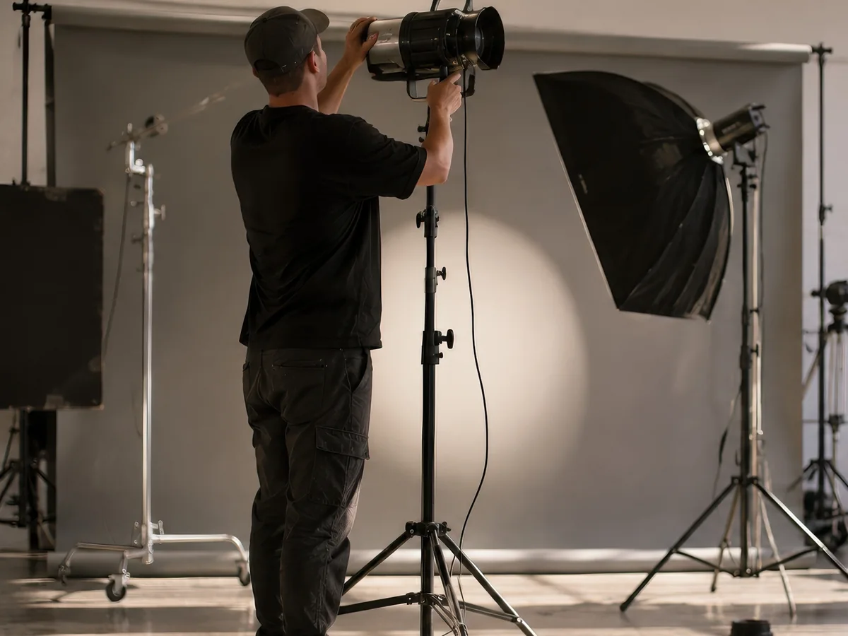 Tecnico che regola un illuminatore in uno studio fotografico, immagine illustrativa per il corso sulla luce flash